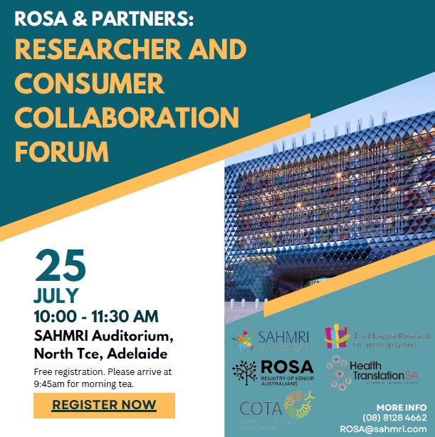 We love supporting @ROSA_Project who do amazing work to improve the health and care of older Australians! To ensure the voices of senior Australians are heard, they invite you (or your parent/grandparent!) to a FREE Consumer Forum at @sahmriAU Info here: ow.ly/hqso50Pa7rU