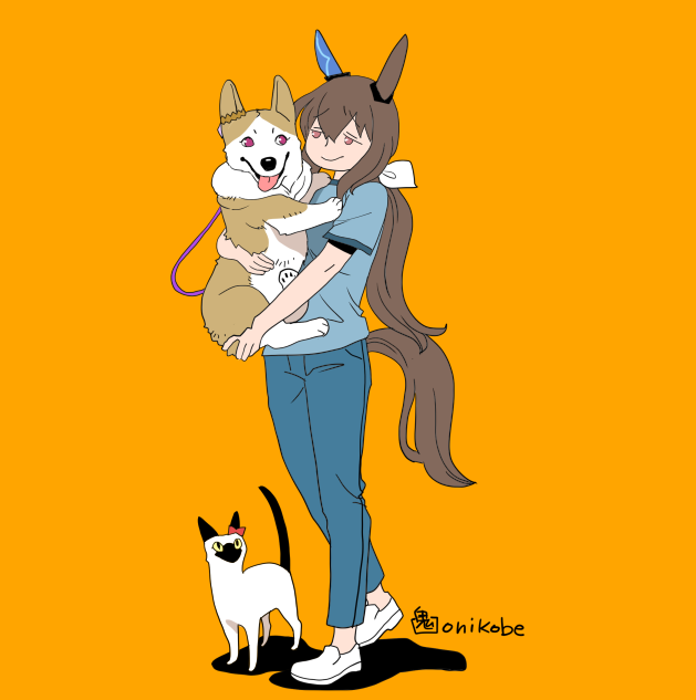 アドマイヤベガ(ウマ娘) 「コーギートプロとニャンコカレンとアヤベさん」|鬼頭（おにこべ）りんのイラスト