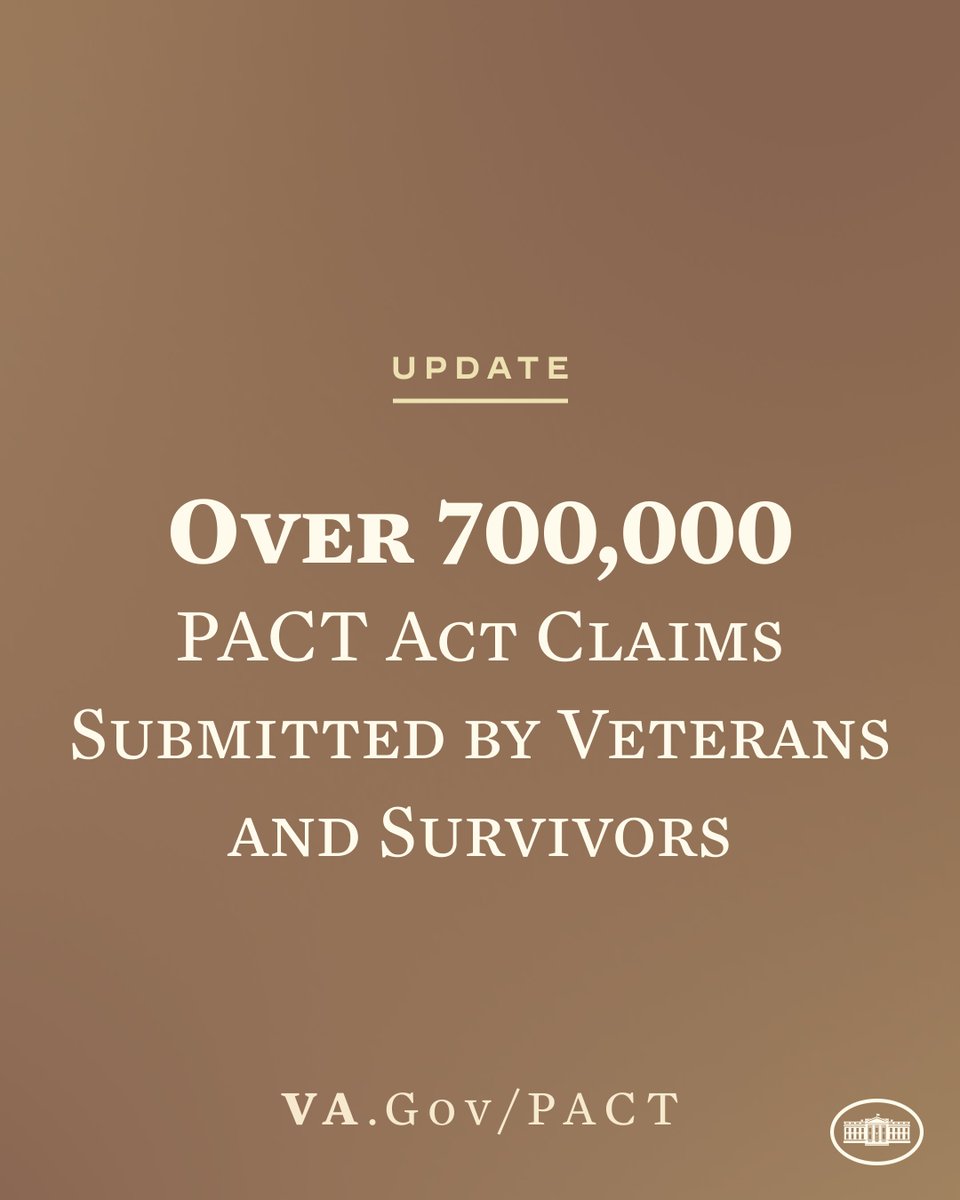 POTUS46Archive's tweet photo. The PACT Act represents the most significant law our nation has passed to care for millions of toxic-exposed veterans and their families.
 
And to date, over 700,000 claims have been submitted.
 
Go to https://t.co/1t03ye1p8D to learn more and apply for benefits. https://t.co/JLP4kacVXe