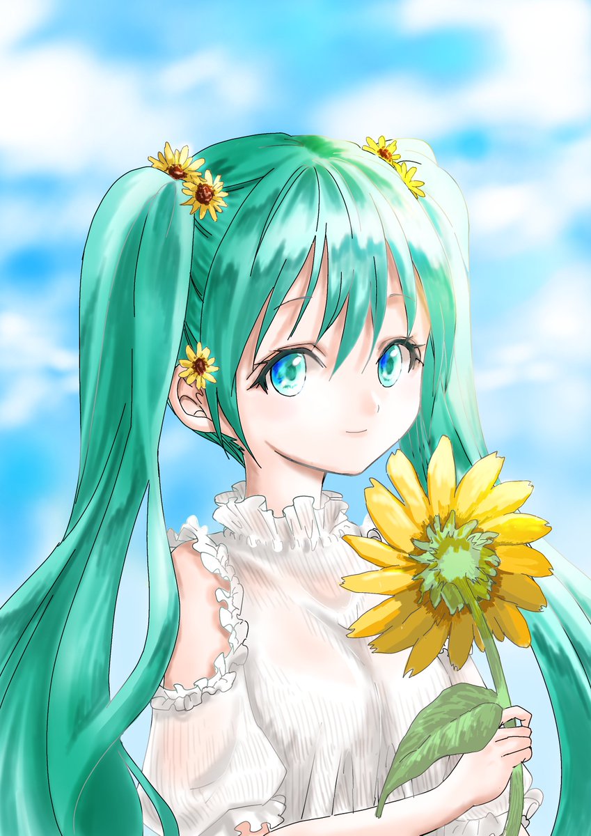 初音ミク「くうらさんのミクさん!1輪のひまわりをもってニッコリちっちゃなひまわりが付いた髪」|piapro(ピアプロ)のイラスト