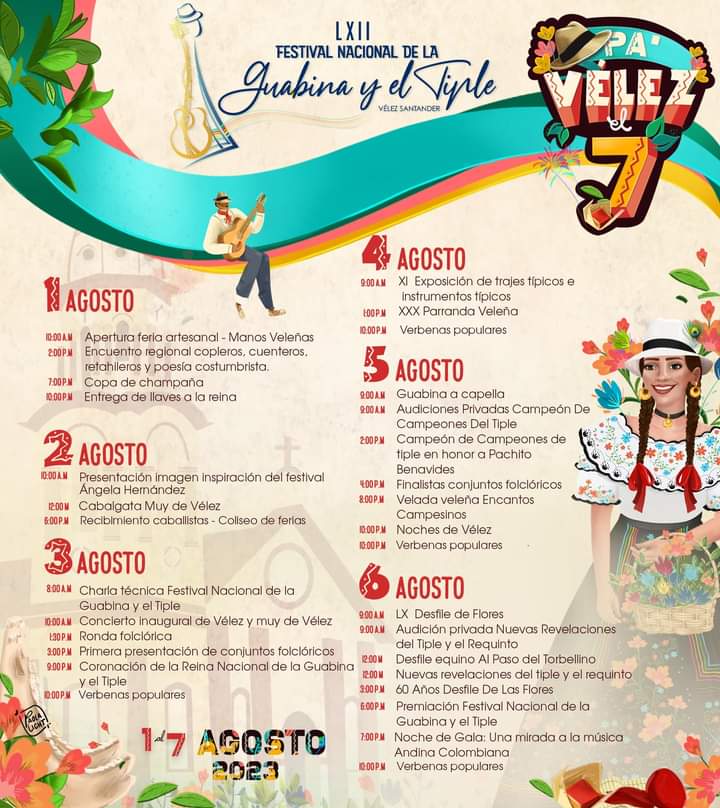 COMUNICAMARY's tweet photo. Programación del 62 Festival Nacional de la Guabina y el Tiple #Velez #Santander #Colombia #Feriasyfiestas2023 #torbellino #guabina #tiple #requinto #desfiledelasflores https://t.co/flvouG8ovE