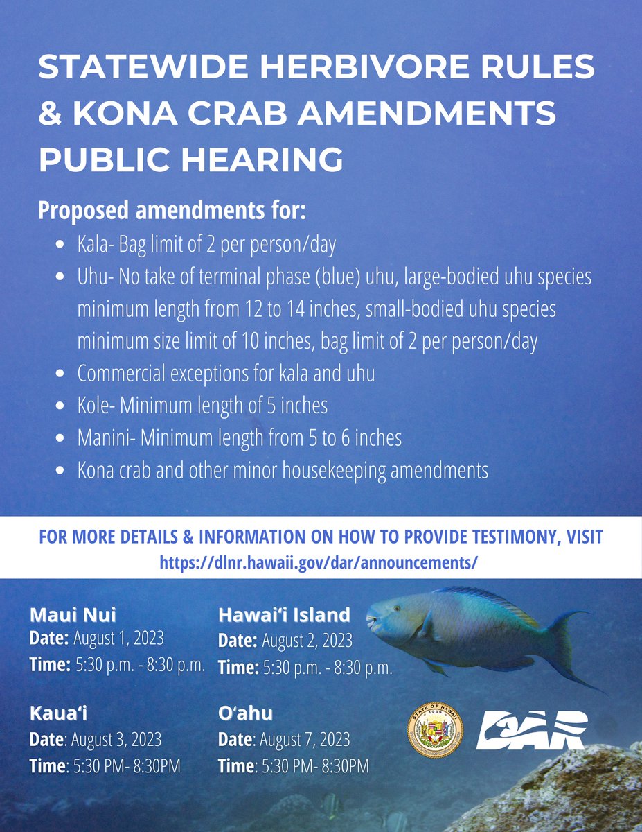 Join the #fishpono movement and help save Hawaii’s reefs. Become an advocate by submitting testimony on-line, via e-mail, or by attending the upcoming Hawai‘i Division of Aquatic Resources (DAR) hearings regarding new herbivore fishing regulations.