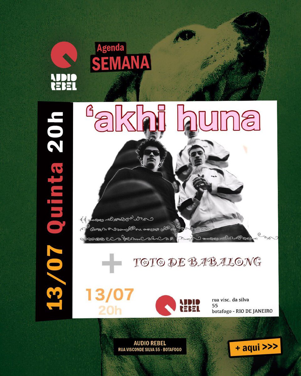 📌 13/07 #quinta 20h
→ 'AKHI HUNA

<a href="/akhihuna/">akhihuna</a> + <a href="/totodebabalong/">Totô</a> 

ℹ️🎟️ Saiba mais aqui:
audiorebel.com.br/agenda/akhi-hu…