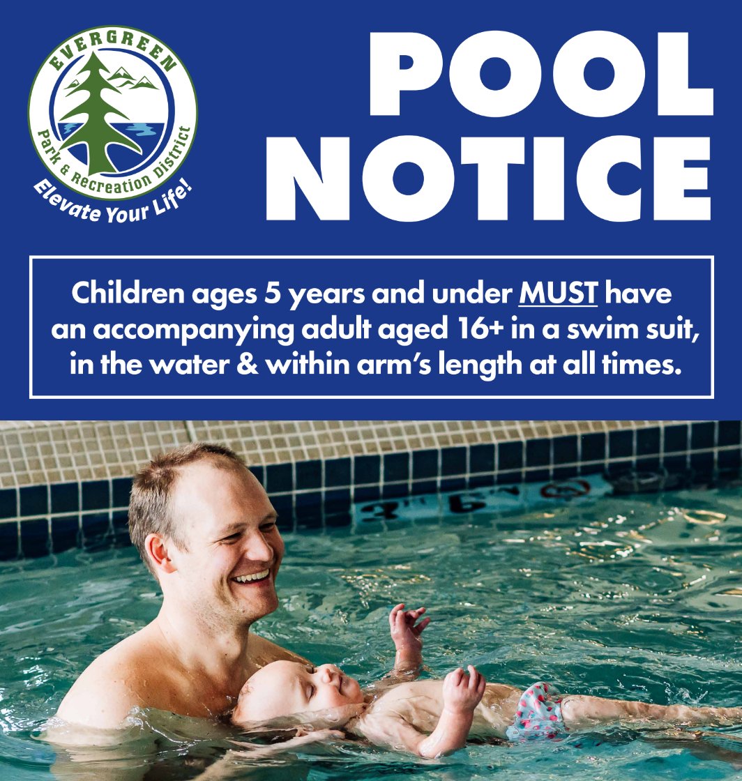 EvergreenRec's tweet image. Did you know? Children ages 5 years and younger MUST have an accompanying adult aged 16+ in a swim suit, in the water and within arm's length at all times. 

#EPRD #ElevateYourLife #PoolRules