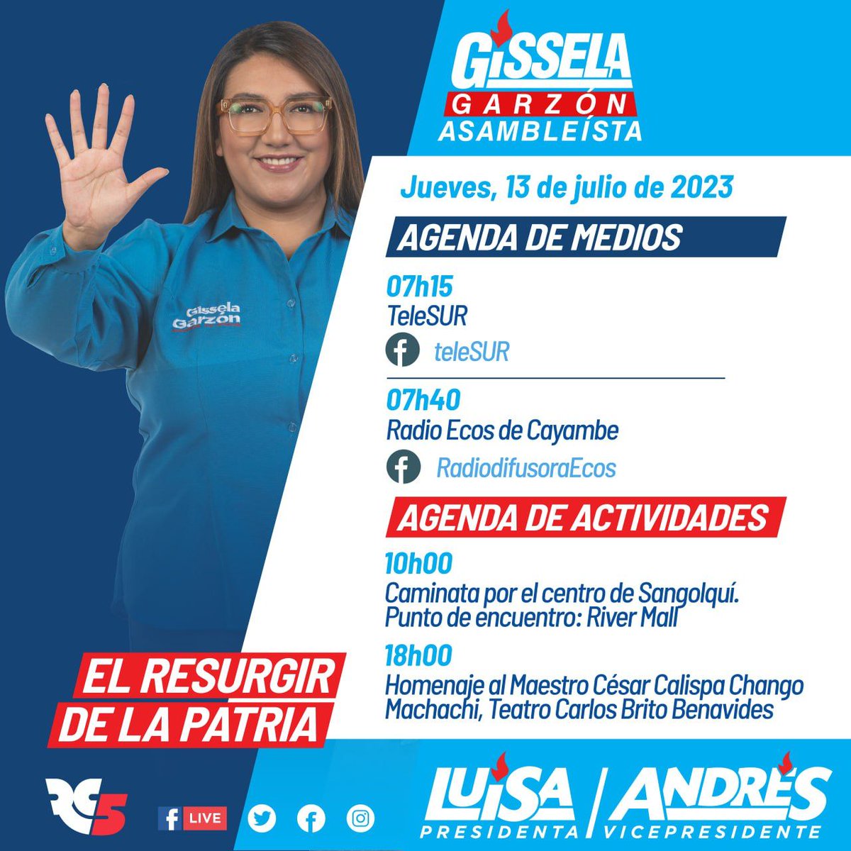 MRAMejia's tweet image. 💙5️⃣🖐️Acompañemos con mucho optimismo a nuestra compañera candidata a la Asamblea Nacional @GisseGarzonM en su agenda de actividades para el día de mañana ⤵️
#ElPoderRegresaAlPueblo
#ElResurgirDeLaPatria
@LuisaGonzalezEc @ecuarauz @MashiRafael @agusclavi
