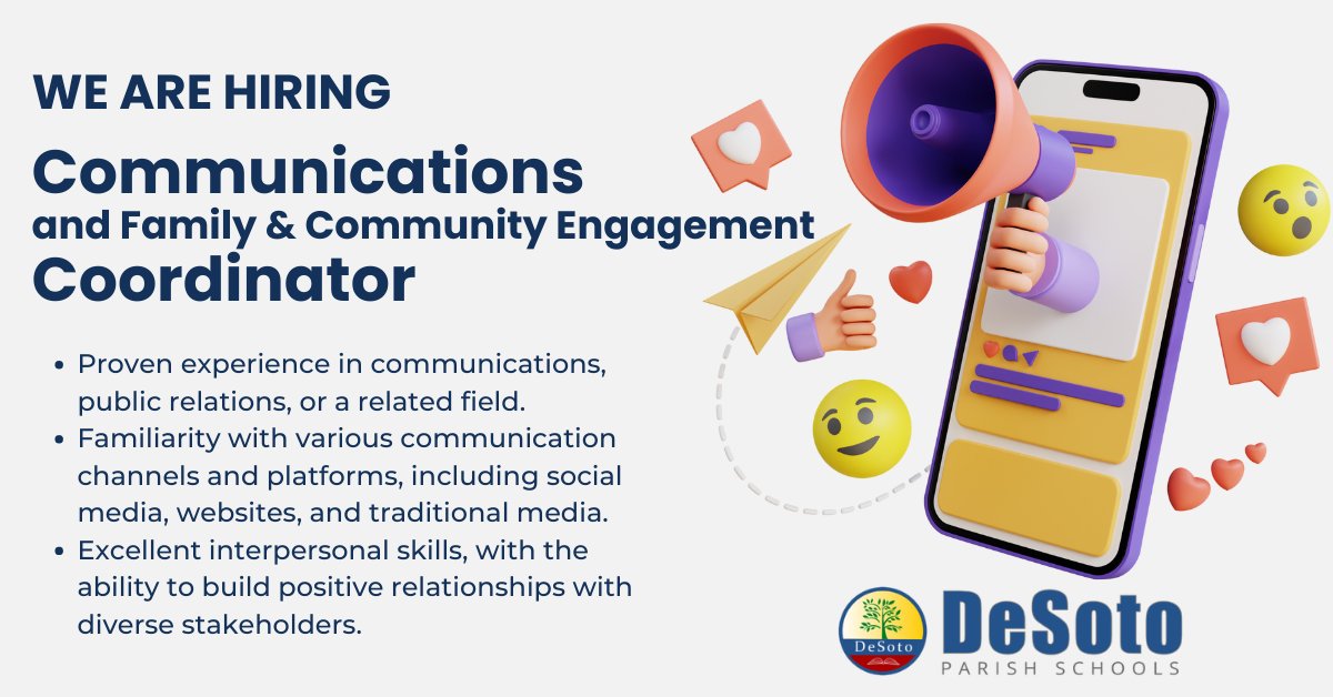 📣 Exciting opportunity alert! 📣 Join us as the Communications &amp; Family Engagement Coordinator for the DeSoto Parish School System. Enhance communication, foster engagement, and connect schools with families. Apply today: desotopsb.com/page/prospecti… #TheDeSotoDifference