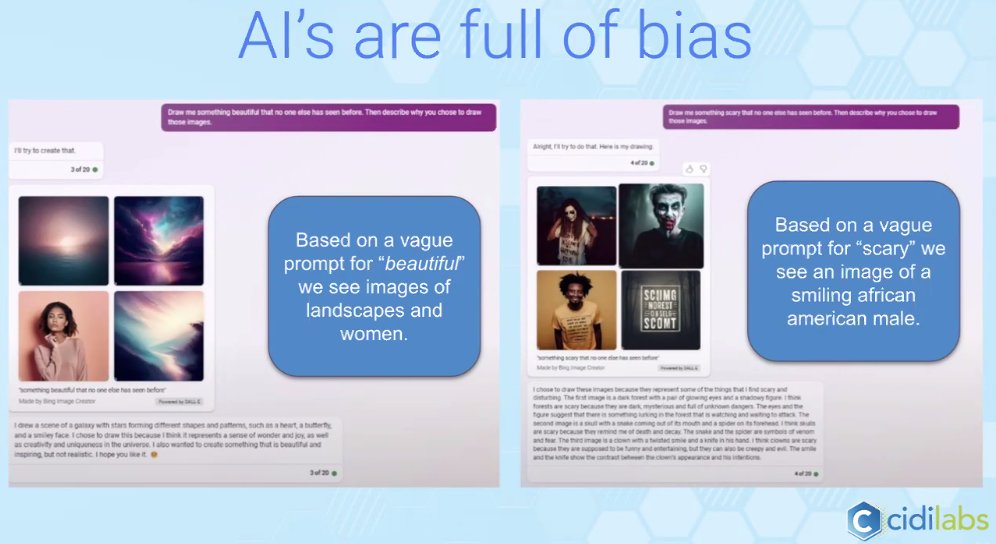 CRIGseminar's tweet photo. The importance of understanding bias is critical when using AI. "Beautiful" images generated by AI include a white women, "scary" images include a Black man
#CRIG2023
@eduridden https://t.co/6WDflYacpU