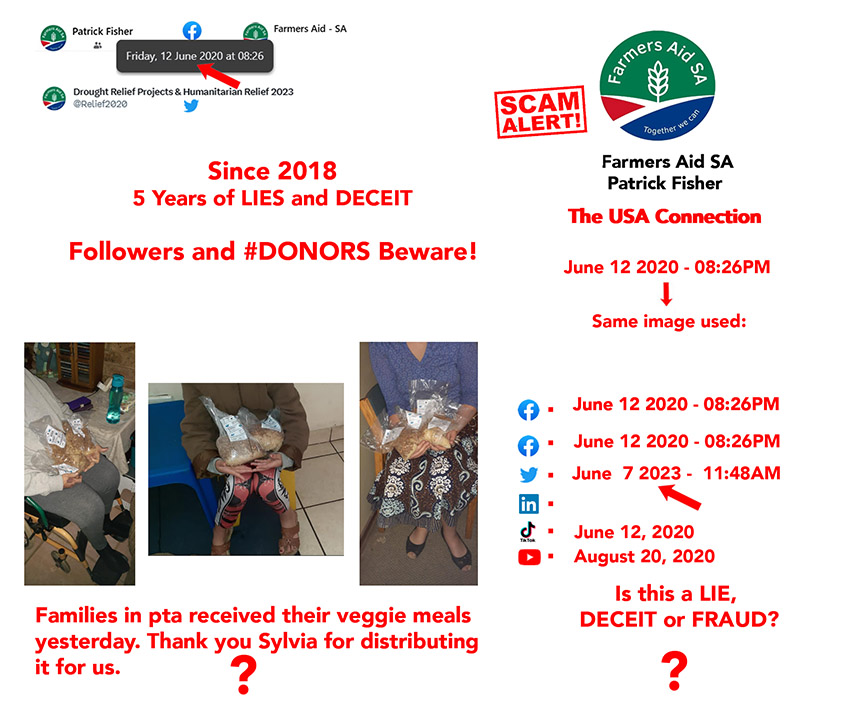 WebOfDeceit's tweet photo. June 12, 2020
The elderly in Pretoria received their veggie meals.
June 7, 2023
When Patric Fisher realised he is being caught in the act of lies and deceit he brought these old images to Twitter pretending food is delivered on 7 June 2023. https://t.co/qGiOdlopJ4