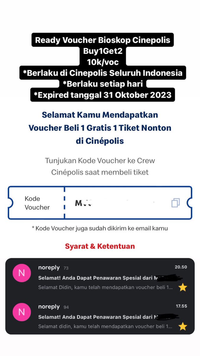 sell voucher bioskop cinepolis beli 1 gratis 1
10k/voucher
zonauang #zonauang