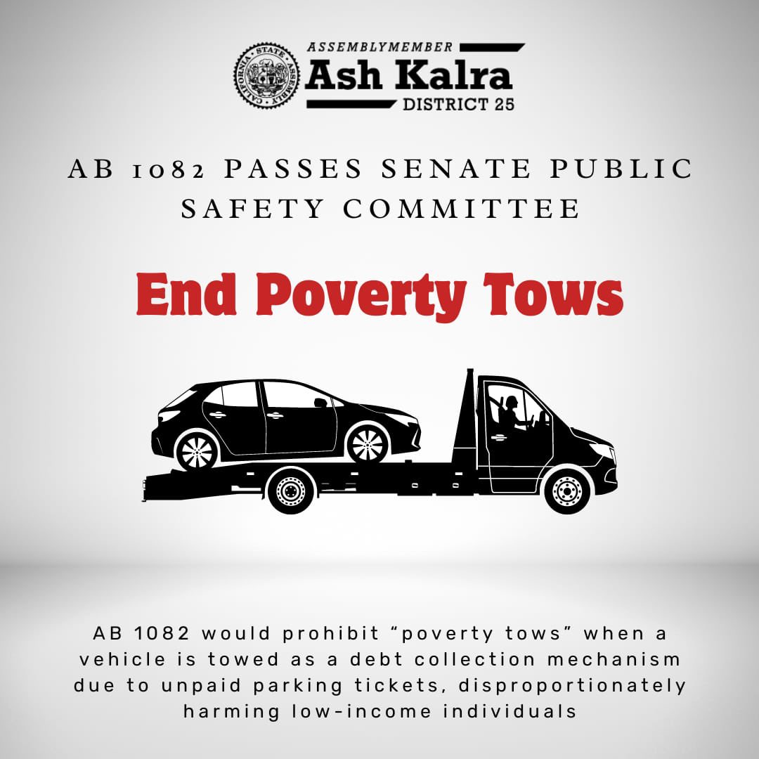 Ash_Kalra's tweet image. Grateful to Senate Public Safety Committee for passing AB 1082 bringing California one step closer to ending poverty tows in our state! Thank you @LawyersComm, @Western_Center, @freefromorg and @EndPovertyCA for your partnership! ✊🏽