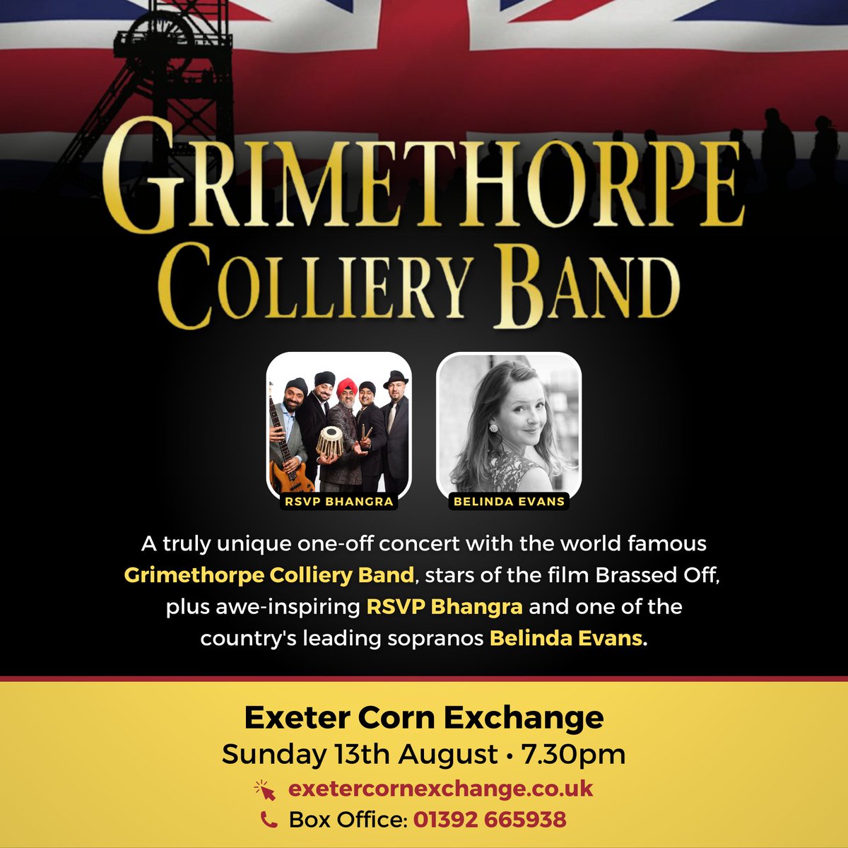 GrimethorpeBand's tweet photo. 📢 EXETER CORN EXCHANGE | RSVP BHANGRA &amp; BELINDA EVANS

Join us for a truly unique one-off concert featuring the world famous Grimethorpe Colliery Band, plus awe-inspiring RSVP Bhangra and one of the country's leading sopranos Belinda Evans.

💻 Tickets:
https://t.co/dbAbCmh3Xc https://t.co/2P0THonmed