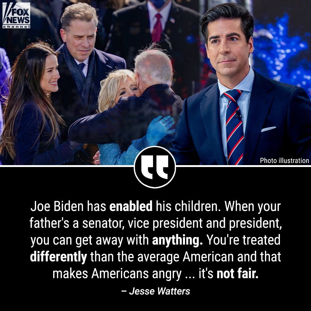 FoxNews's tweet photo. 'MAKES ME ANGRY': @JesseBWatters weighs in on Joe Biden's kids' "special privilege" after cocaine found at the White House. https://t.co/MbJskgKJ25