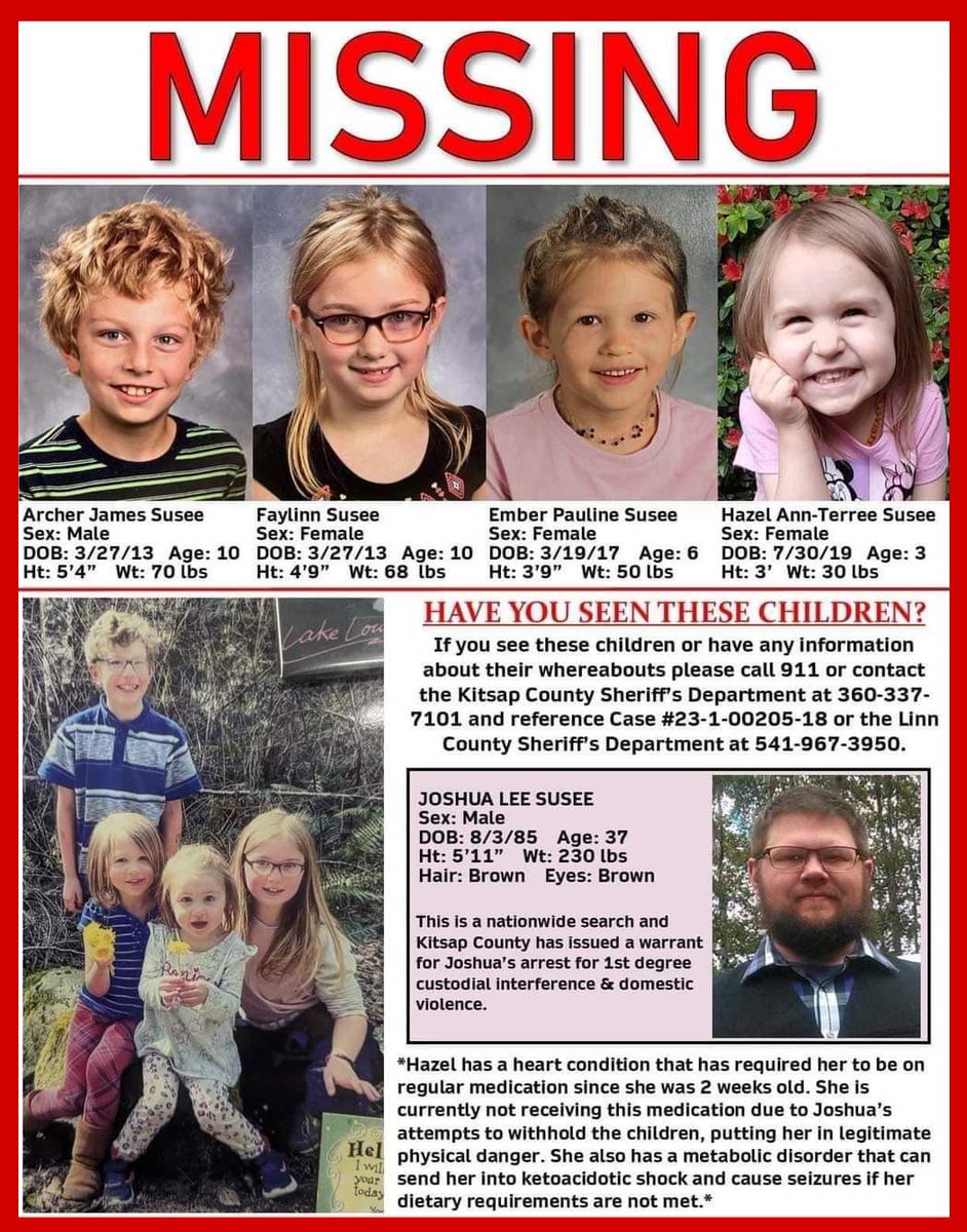 MissingPeopleAA's tweet photo. Susee Siblings: Archer (10), Faylinn (10), Ember (6), Hazel (3)
Kitsap County, WA
#Missing #Washington #HealthEndangered

Wanted for 1st Degree Custodial Interference and Domestic Violence: Joshua Lee Susee (37)

https://t.co/KSh2y8HOHF https://t.co/THx30tbbJQ