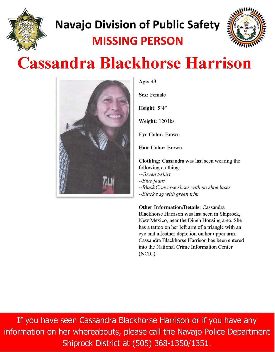 Navajopd's tweet photo. MISSING PERSON-SHIPROCK DISTRICT
Cassandra Blackhorse Harrison, 43, female, 120 lbs. 5'4'' Eye: Brown. Hair: Brown. 
Last Known Clothing: Last seen wearing a green t-shirt, blue jeans, black Converse shoes w/ no shoe laces, &amp; she is carrying a black bag w/ green trim. https://t.co/WORCiNTJQ4