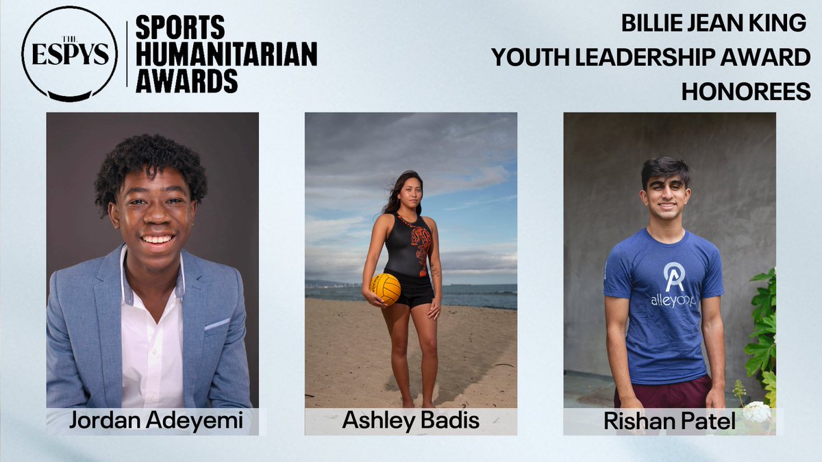 ESPNCitizenship's tweet image. This year, the @BillieJeanKing Youth Leadership Award is recognizing young people who are using the power of sport as a catalyst for change &amp;amp; making positive impact on society. Congratulations to this year’s honorees, Jordan Ayemi, Ashley Badis &amp;amp; Rishan Patel! #SportsHumanitarian