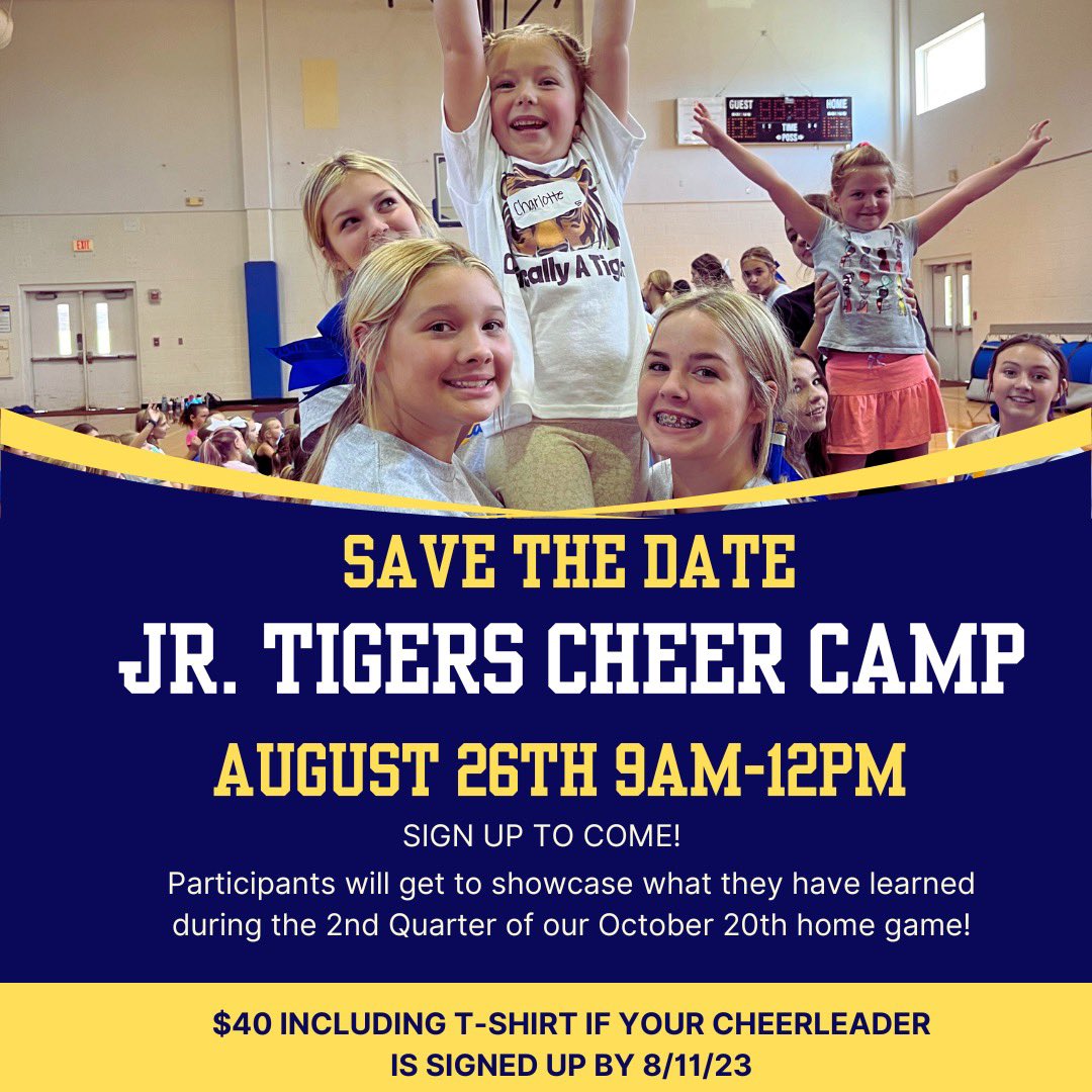JR TIGERS CAMP! We can’t wait to see all our jr tiger cheerleaders (ages 5-12) on August 26! Make sure to register using the link in our bio & pay online through ticket spicket! 🤩📣💙