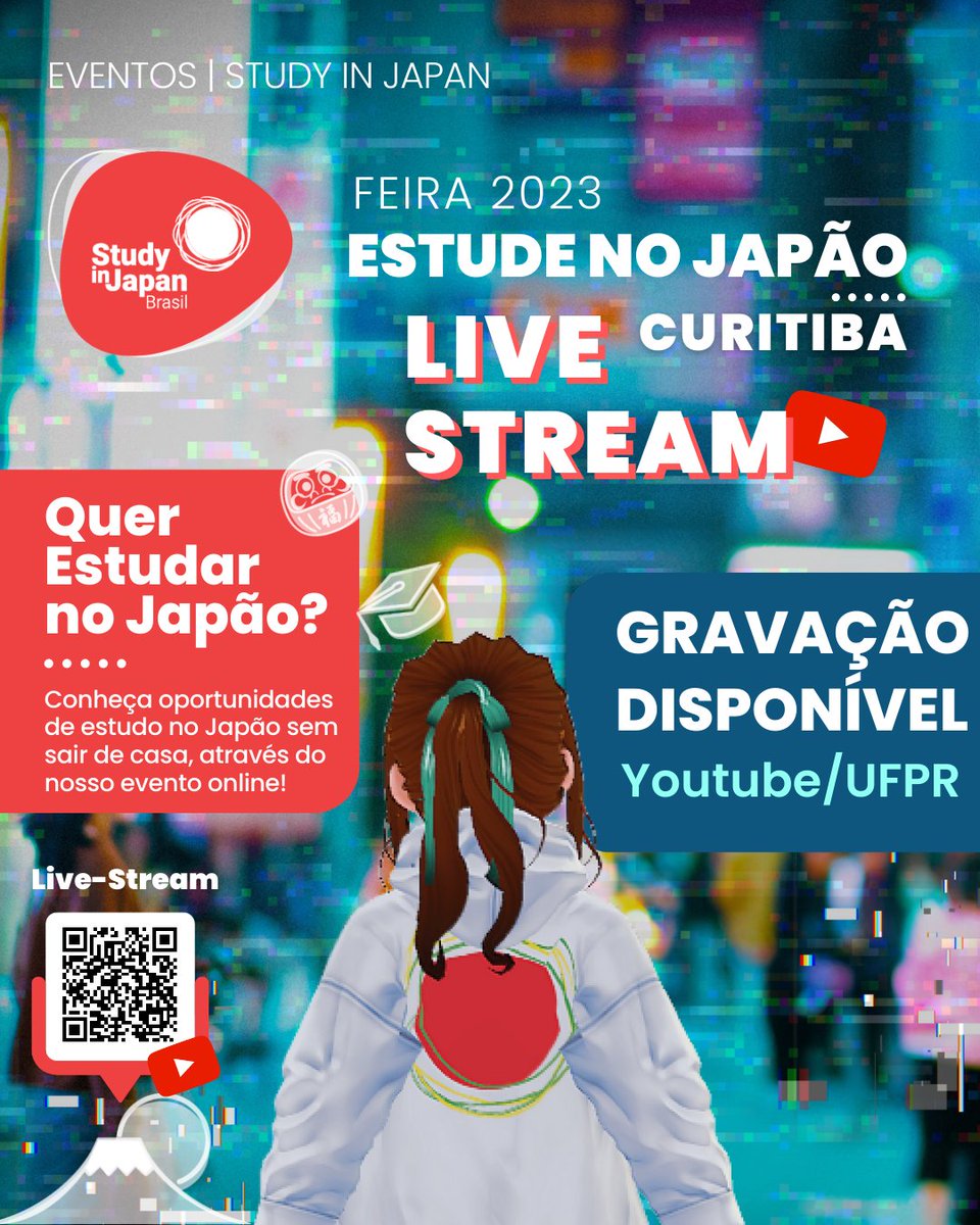 studyinjapanbr's tweet photo. Agradecemos a todos que puderam participar presencialmente e via Livestream do nosso evento hoje na UFPR/Curitiba!

A gravação do evento está disponível para todos aqueles que desejam assistir mais uma vez ou para aqueles que não puderam estar presentes no momento!

Esperamos que com mais informação e sabendo de mais oportunidades de estudos mais pessoas possam realizar o sonho de estudar no Japão!

O evento contou com a seguinte programação:

Palestras:
Sessões Estude no Japão:
14:00 - Cerimônia de abertura
14:15 - Apresentação Study in Japan
14:30 - Consulado - Bolsas MEXT
14:45 - Relatos de ex-bolsistas e estudantes - APAEX

Universidades:
15:05 - Doshisha Business School (MBA)
15:25 - Kyoto University
15:45 - Nishinippon Institute of Technology
16:05 - Ritsumeikan Asia-Pacific University (APU)
16:25 - Shinshu University
16:45 - Tokyo University of Foreign Studies (TUFS)
17:05 - University of Tsukuba
17:25 - Sessão de Perguntas e Respostas/Dúvidas
18:00 - Encerramento

O acesso à Livestream pode ser feito diretamente através do QR-code ou pelo nosso site https://t.co/rhPMjr4QwO

#japão #estudenojapao #brasil #estudantesnojapão #estudarnojapão #bolsasdeestudo #studyinjapan #pesquisa #graduação #global #mestrado #Ciências #graduacaojapao #universidadesjapao
