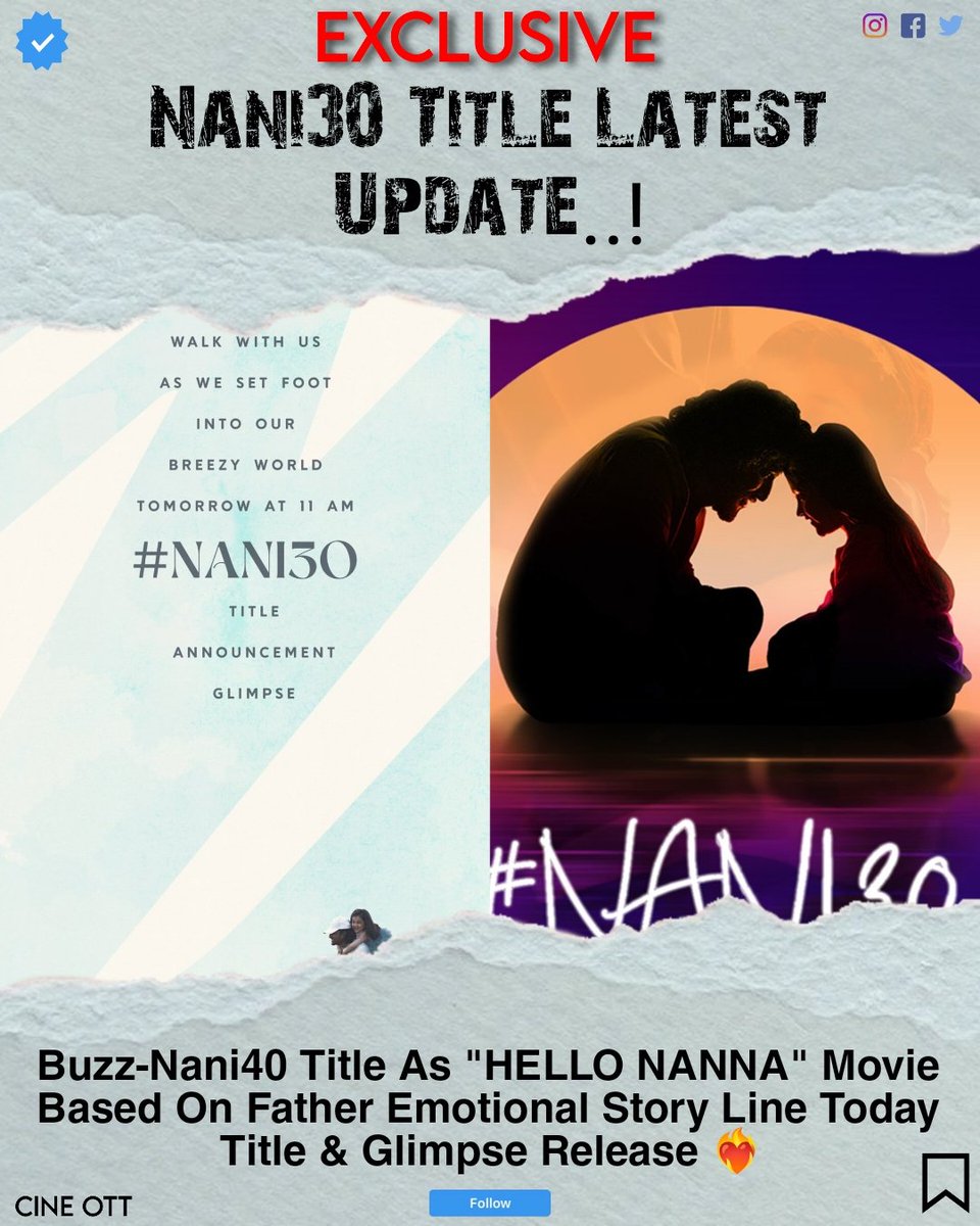 keeplvngcinema's tweet photo. Exclusive

🔸#Nani30 Title As Tamil #HelloAppa  ✨ So Telugu Title As #HelloNanna 🤩  Movie Based To Father Daughter Emotional Story Line

🔺 Today This Movie Title &amp; Glimpse 11 AM Release To #Nani Movie

#MrunalThakur 

Follow For More Updates 🙏 https://t.co/UfPLC7OxB5