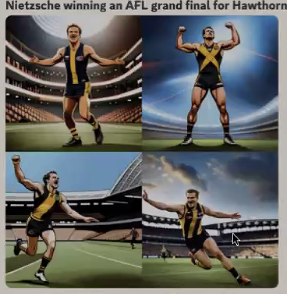 CRIGseminar's tweet photo. Image AI is next and Julian introduces us to #BlueWIllow image generator.
The audience have asked for images of Donald duck as an Elizabethan ship captain, and Nietzsche winning the AFL grand final for Hawthorn! Amazing results!
#CRIG2023
@eduridden https://t.co/778QYZauML