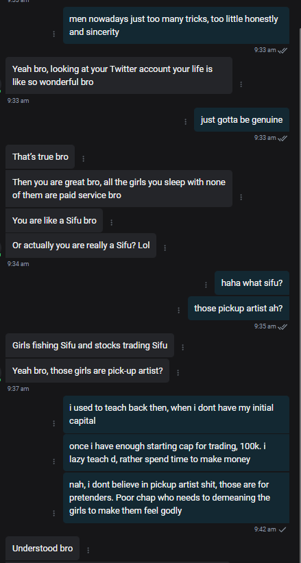 少点套路， 多点诚意。

Free dating advise on OF hahahah. https://t.co/empIknymJn