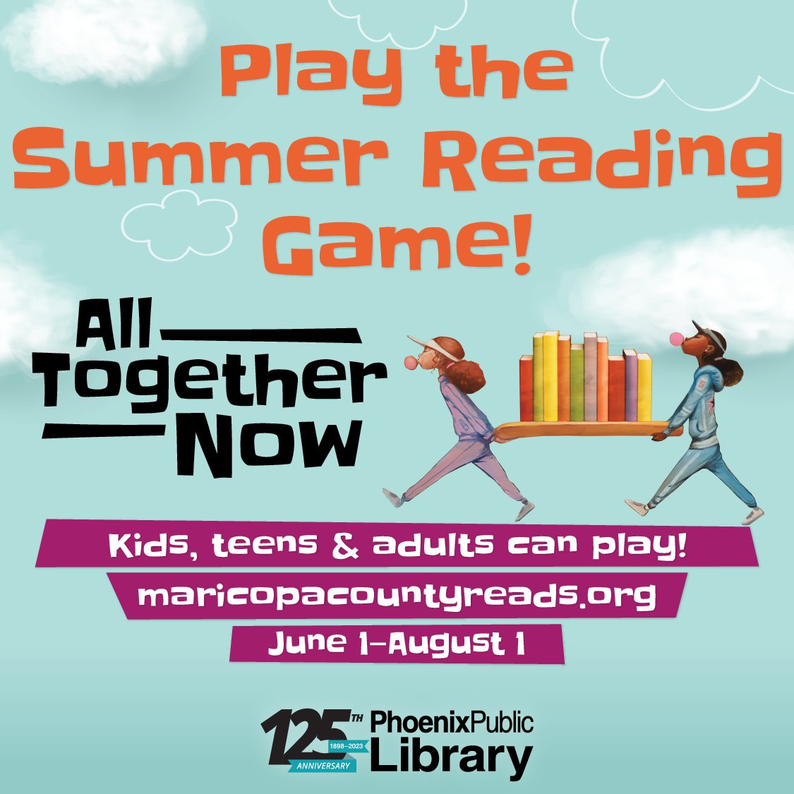 PhxLibrary's tweet image. It’s not too late to join the 2023 #SummerReadingGame: #AllTogetherNow! ☀️📚 Register the whole family online, read, &amp;amp; log your minutes to win prizes now through August 1. All ages can read &amp;amp; play. Ready… set… All Together Now! bit.ly/2ps9plA #JustReadPPL #PHX