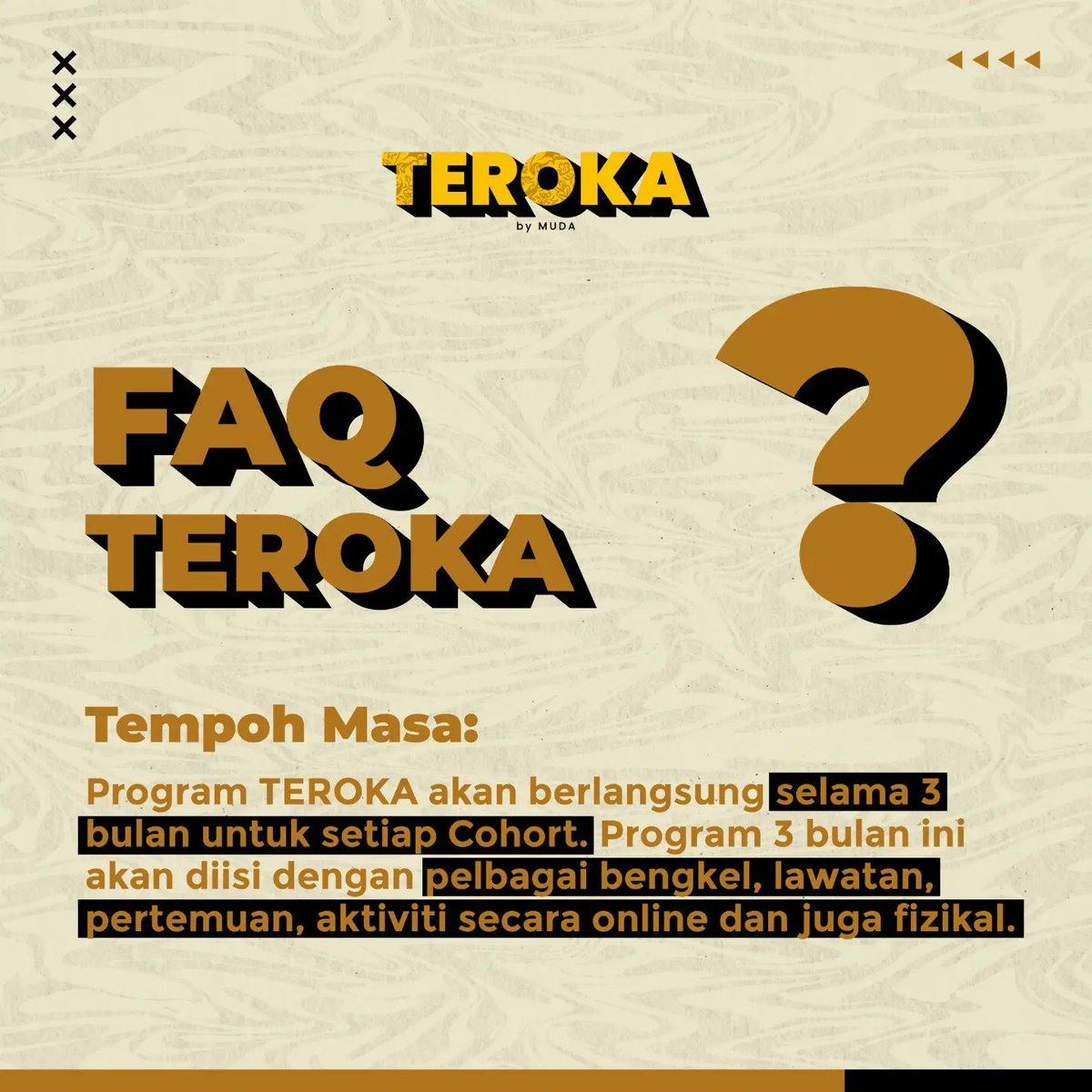 TEROKAbyMUDA's tweet photo. TEROKA menerima sambutan yang menggalakkan dan juga pelbagai soalan yang diajukan.

Maka ini FAQ yang akan menjawap soalan-soalan lazim mengenai TEROKA. 

Jangan segan untuk terus berhubung dengan kami &amp; jangan lupa daftar. Link di bio. https://t.co/L6Q1lw72pH