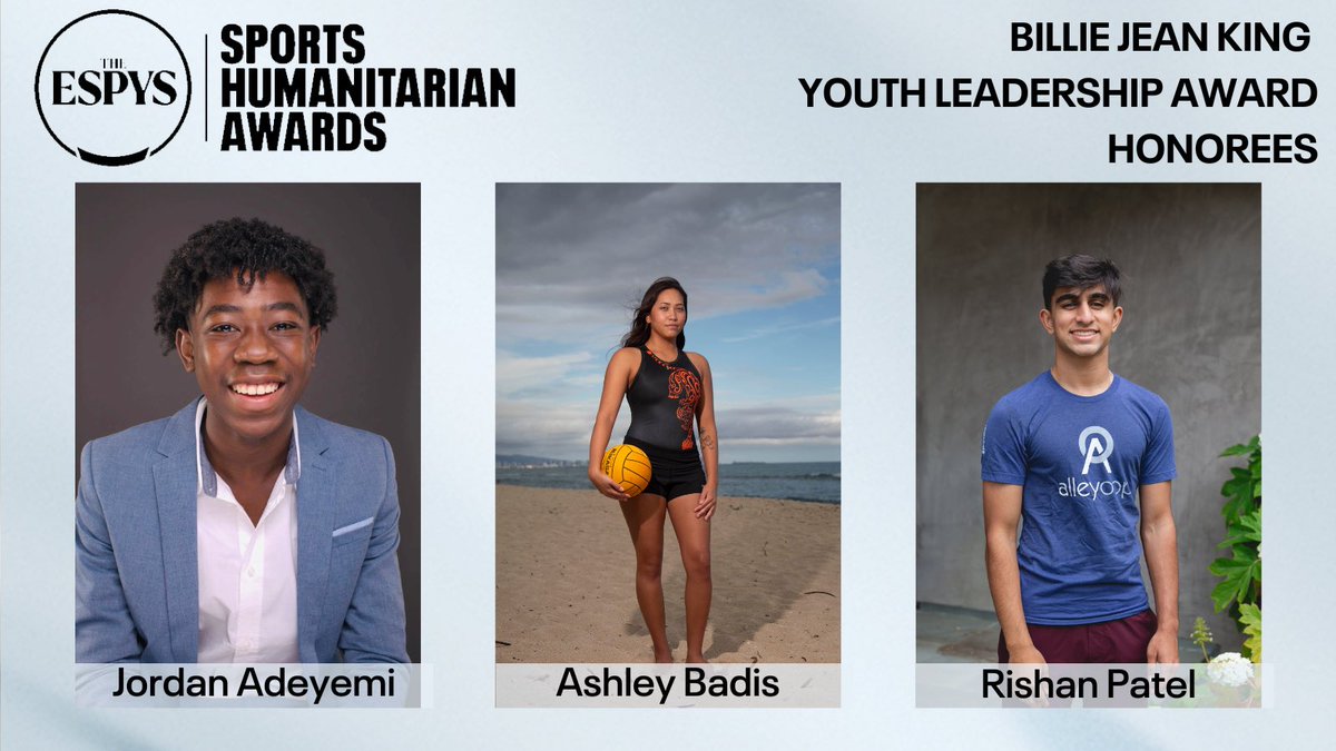 BJK_Foundation's tweet image. Congratulations to the 2023 @BillieJeanKing Youth Leadership Award National Honorees, Jordan Adeyemi, Ashley Badis and Rishan Patel!

#ESPYS