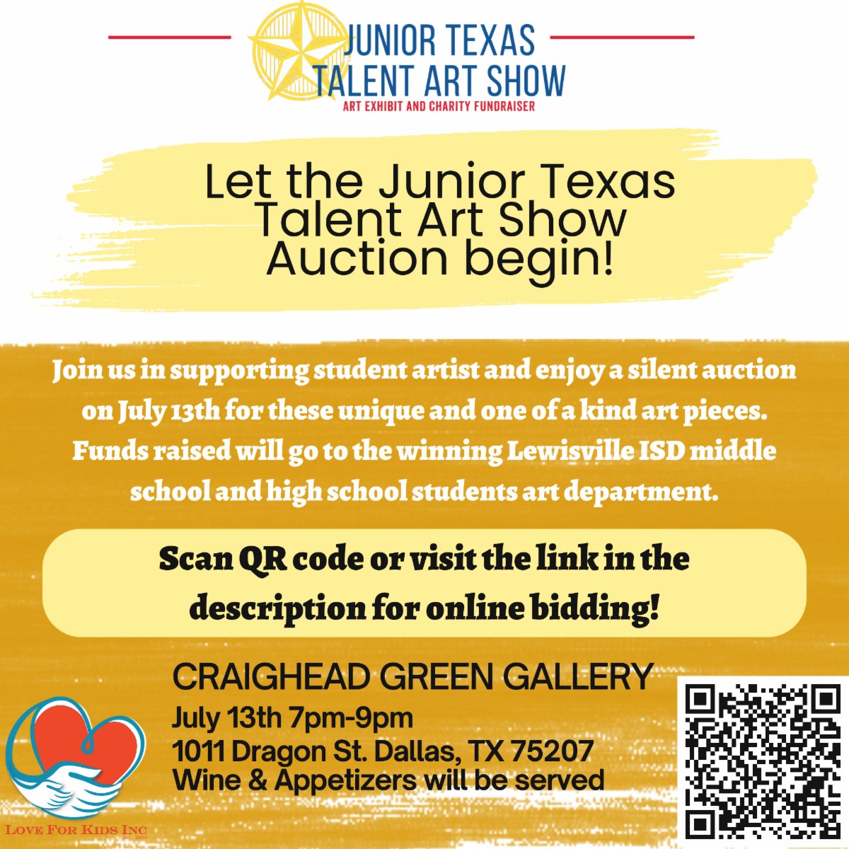 Online bidding - lovekids.betterworld.org/auctions/junio…

Complimentary Valet Service provided.
Please know online and in-person auction items differ.