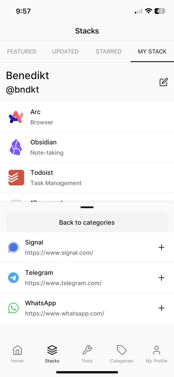 bndkt's tweet photo. Just published an update for @sharemystack that allows users to name their stack and choose a handle (will be part of the URL that can be shared). Also added new categories and tools, for example instant messaging and file hosting. https://t.co/8GaLHJaTvD
