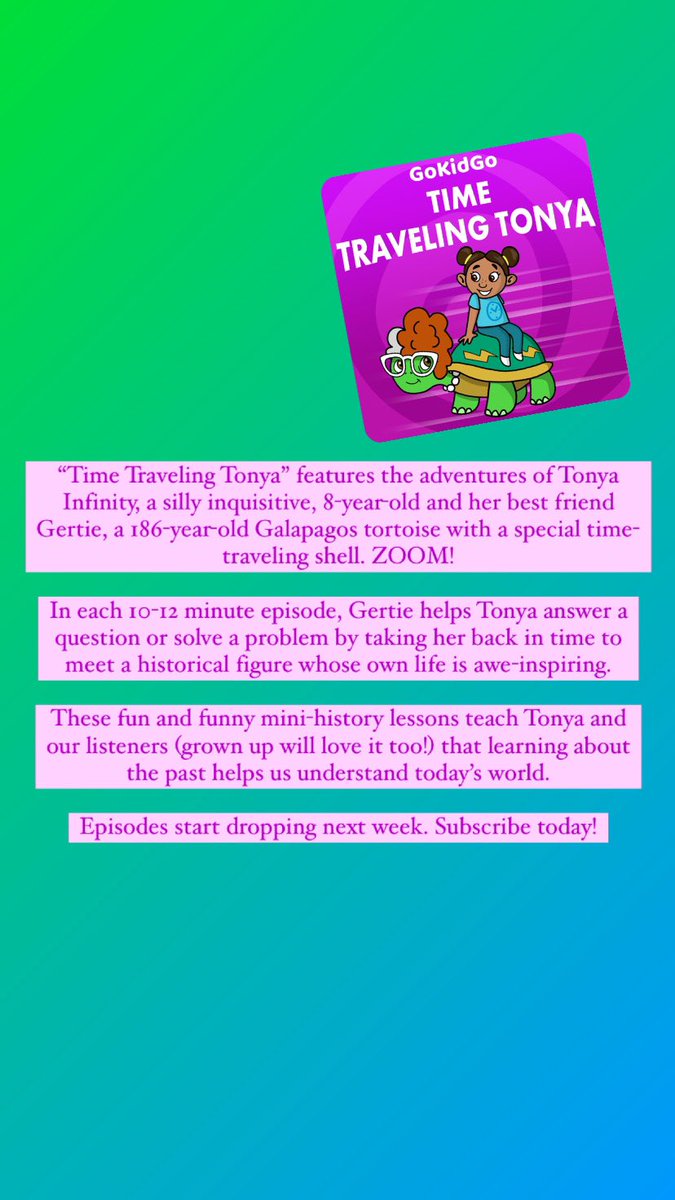 Exciting to announce my new podcast series with <a href="/gokidgopod/">Go Kid Go</a>! “Time Traveling Tonya” combines history, comedy, and a time traveling tortoise. What more could you ask for?! Check out the trailer and subscribe. Our show launches next week! gokidgo.com/timetravelingt…
