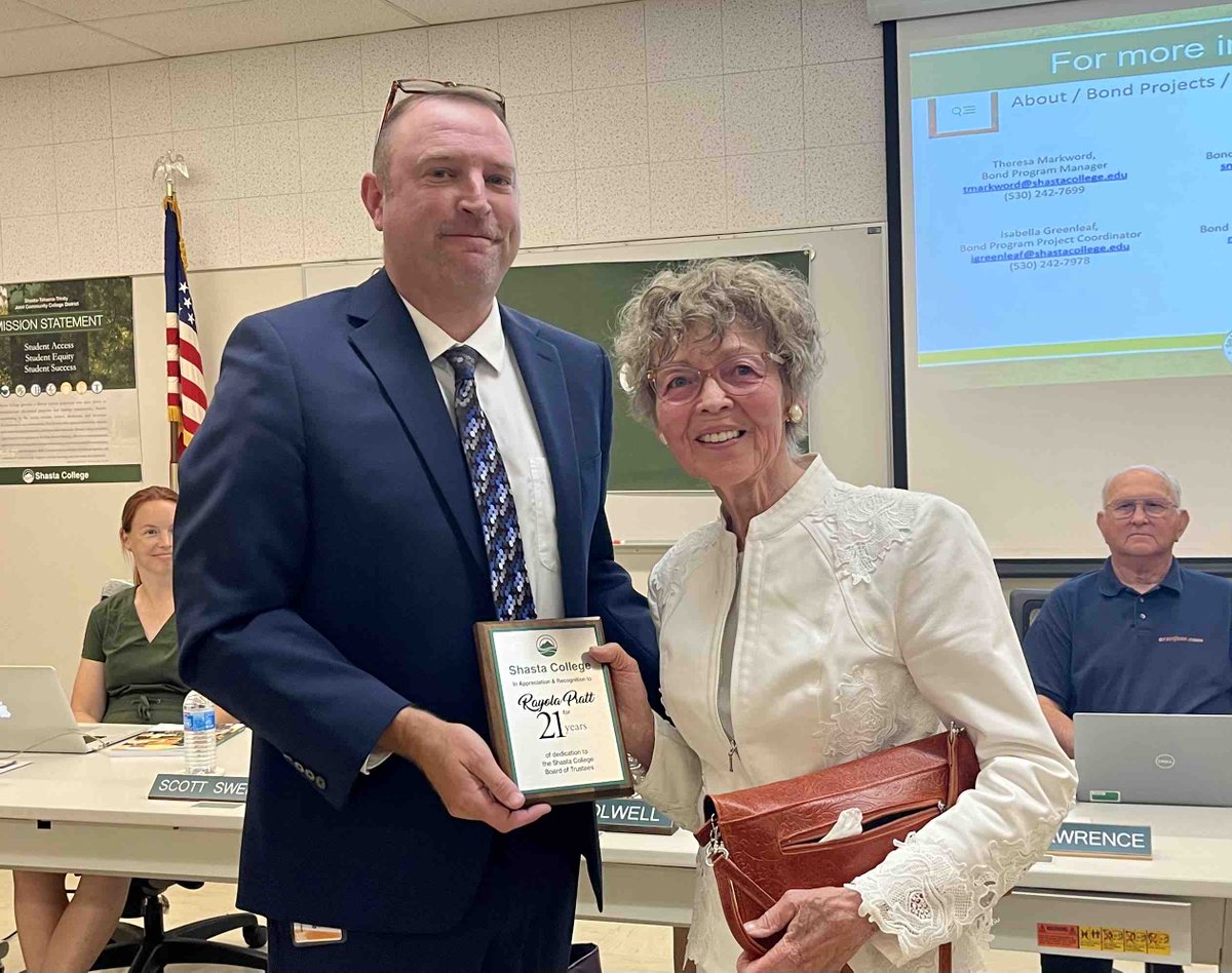 Tonight at the Shasta College District board meeting we honored Rayola Pratt for her 21 years of service given as a past board member and Dr. Rob Lydon (in abstention) for his 8 years of service as a previous member on the board. #scSelflessService #scBoardmeeting https://t.co/voQCgKhKvZ