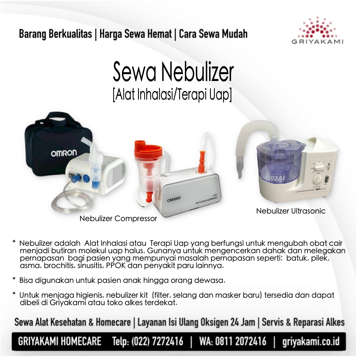 griyakamihc's tweet photo. Anda bisa dapatkan Harga Spesial Super Hemat mulai Harga Sewa Alat Kesehatan, Isi Ulang Oksigen, hingga biaya Transport! Info selengkapnya hubungi Griyakami Homecare Telp. 022-7272426 WA. 0811 2072 416 #sewaalkesmurah #refilloksigen24jam #sewakursiroda #sewabedpasien https://t.co/9WOII3Qt1r