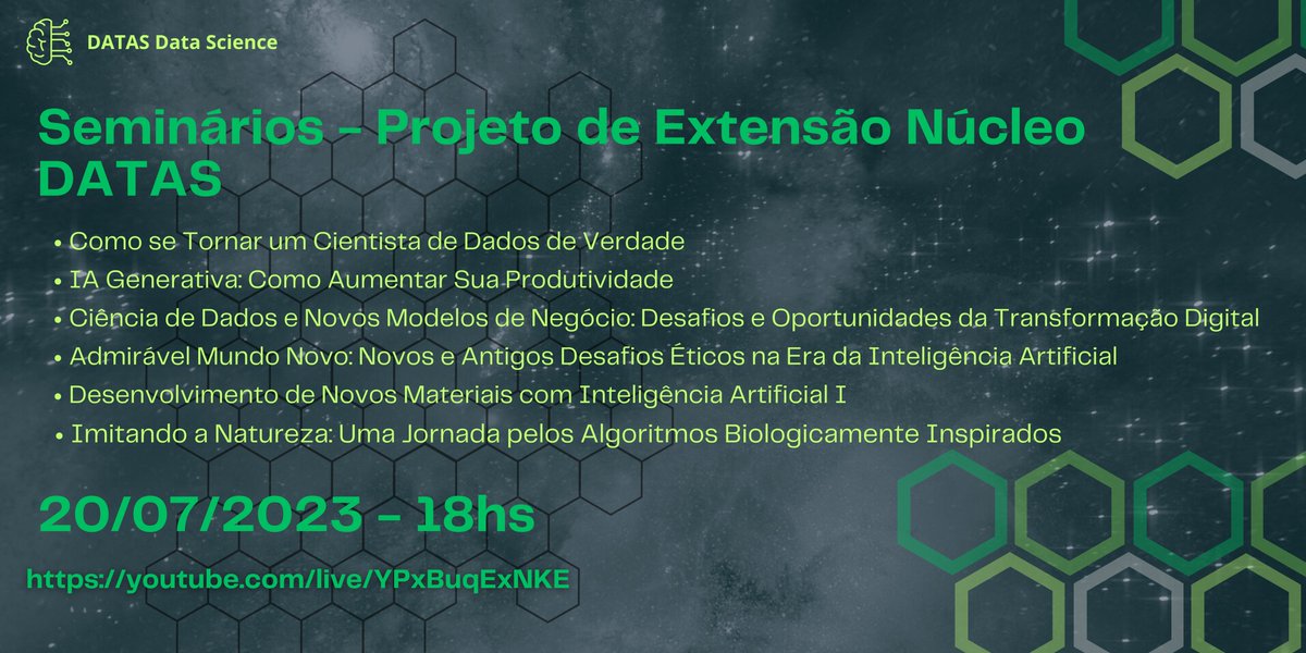 DatasUFABC's tweet photo. Vem aí o Projeto de Extensão do DATAS, com várias palestras interessante sobre Data Science, IA e Aplicações 🖥 📈 
📅 20/07 - A partir das 18hs
Evento online transmitido ao vivo pelos links:
Youtube: https://t.co/5lCfL9ALzd https://t.co/VfH8jp8al1