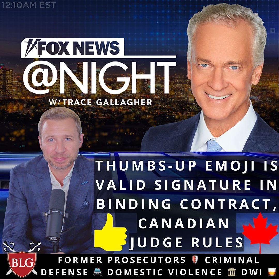 DBrunoEsq's tweet photo. 🚨 DVR ALERT 🚨#GoodNight 🌜 #FoxNews 📺 @foxnewsnight w/ @tracegallagher
Canadian judge ruling thumbs-up emoji as legally binding contract agreement! 👍✍️ Fascinating precedent in the digital age. What do you think?
#CriminalDefense
#FormerProsecutor
#DomesticViolence https://t.co/7Ghhi1tUbq