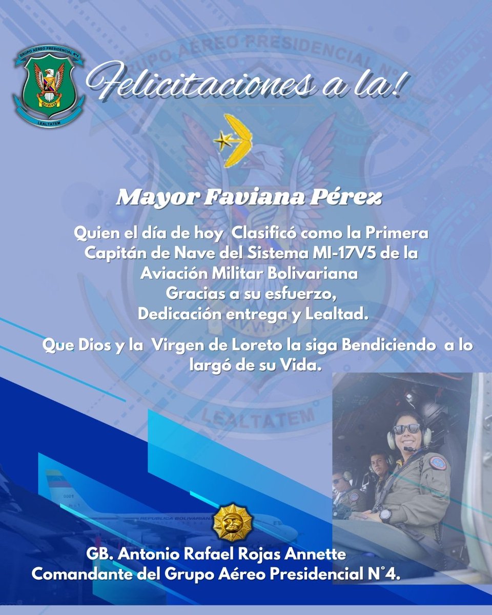 GAPN4FANB's tweet photo. El GB. Antonio R Annette Cmdte del GAPN°4 y la gran Familia del G4 se complacen en Felicitar a la "May. Faviana Pérez"quién Clasificó cómo la Primera Capitán de Nave del Sistema MI-17V5 de la Aviación Militar Bolivariana Gracias a su esfuerzo, Dedicacion entrega y Lealtad https://t.co/gvvn4FX4lO