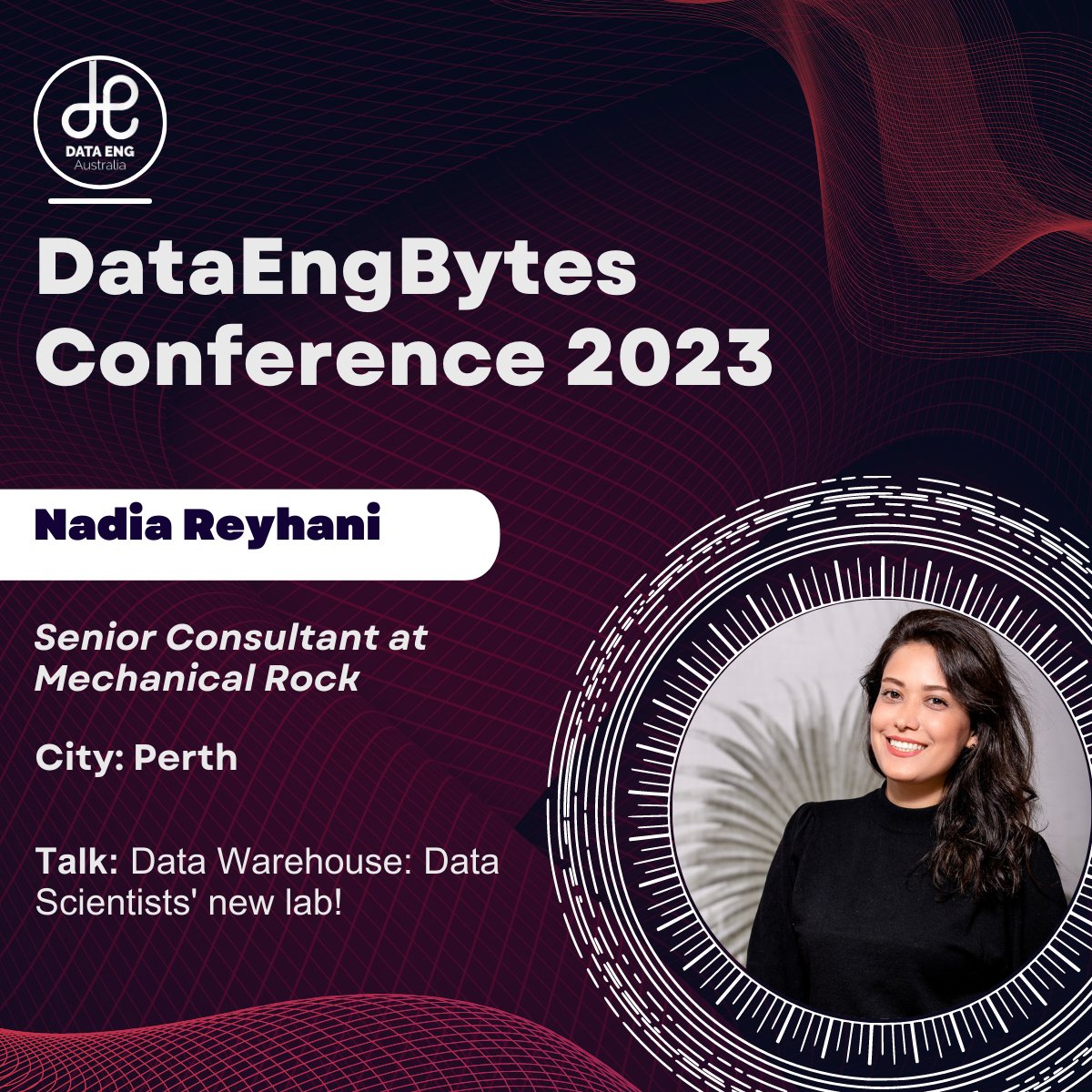 Announcing <a href="/RoNadi1985/">Nadia</a>, Senior Consultant at <a href="/mechanicalrock_/">Mechanical Rock</a> will be speaking at <a href="/dataengbytes/">DataEngBytes Conferences</a> Perth about:
Data Warehouses: Data Scientists' new lab!

Get your tickets today: tickettailor.com/events/dataeng…

#datawarehouse #datascience #dataengineering