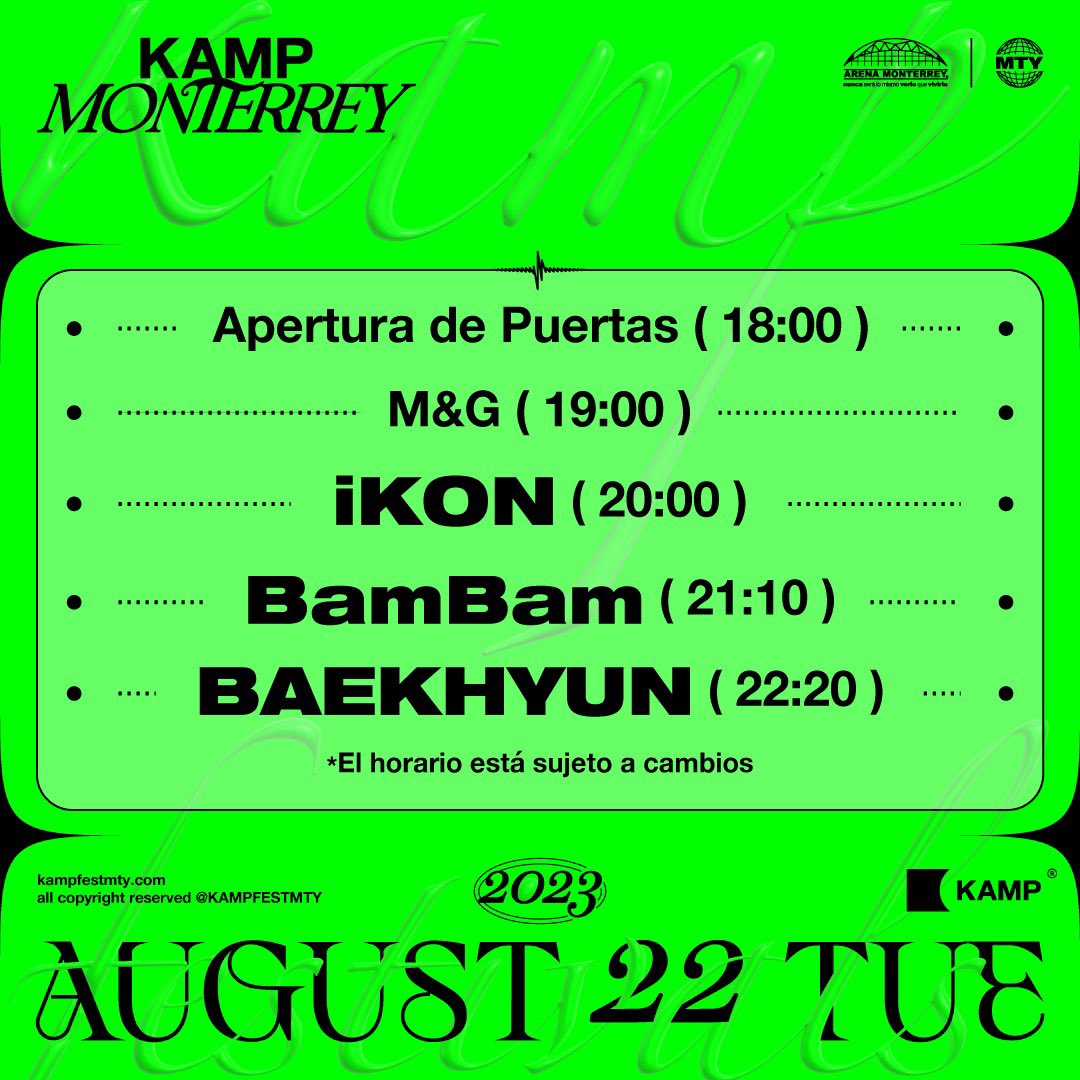 kampmty's tweet photo. ¡Monterrey, así serán las presentaciones de nuestros idols en #KAMPFESTMTY 

Ya queremos verlos este próximo 22 de agosto. 

No te lo puedes perder.

🎟️Boletos aquí: https://t.co/I7ifFoblZi
🎟️M&amp;G iKON aquí: https://t.co/Imn7z06Lna

@iKONIC_143 @BamBam1A @B_hundred_Hyun https://t.co/vCo2iHeLWn