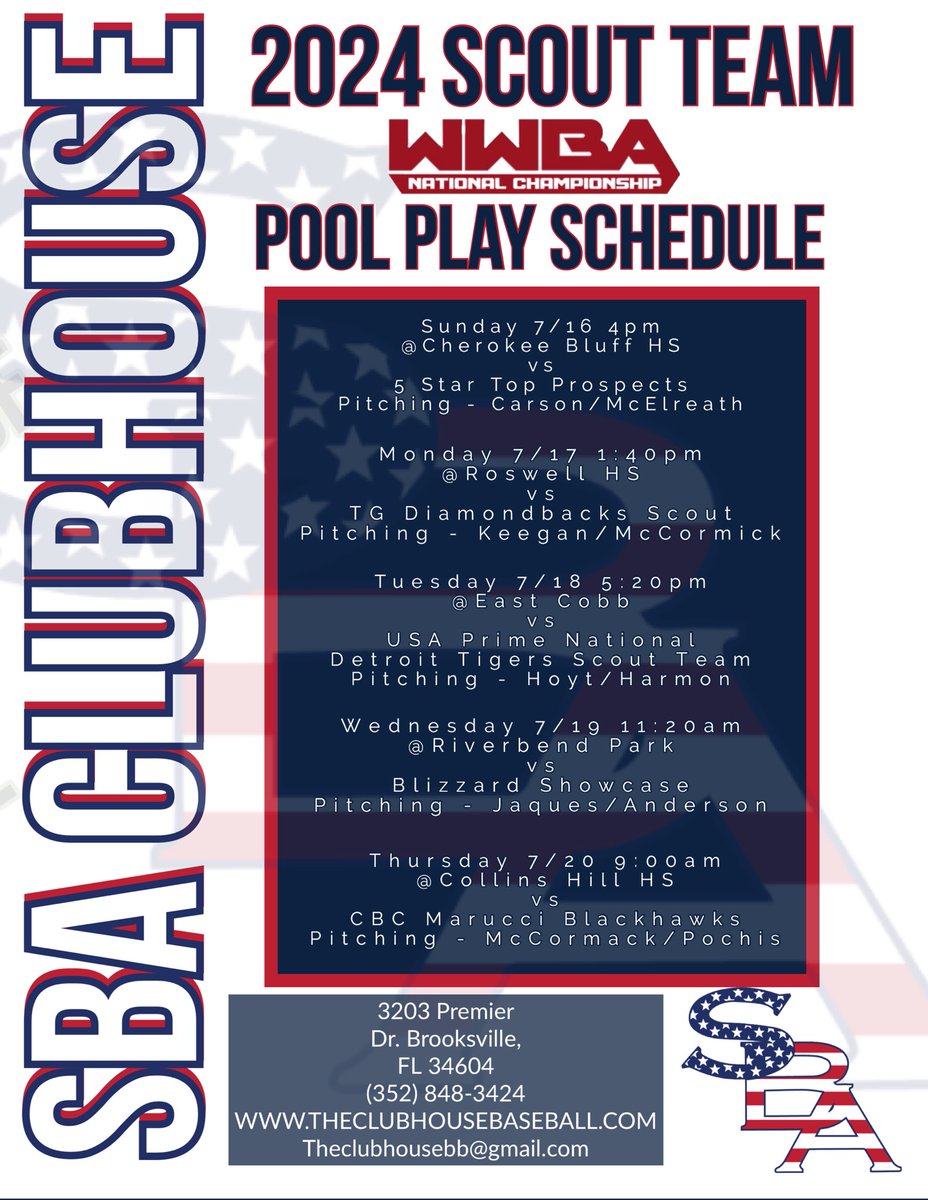 The SBA Clubhouse 2024 Scout Boys are headed to Atlanta this weekend for the <a href="/PerfectGameUSA/">Perfect Game USA</a> #WWBA National Championship. Pool Play Rotations are set - This team is loaded top to bottom with #uncommitted talent don’t miss out on these guys they are game changers! <a href="/sbacollegepros1/">sbacollegeprospects</a>