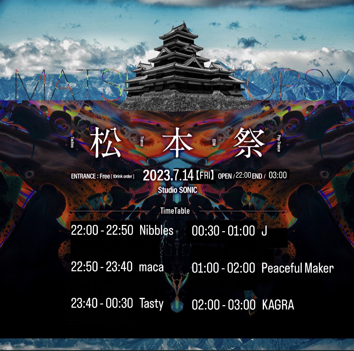 明日の時間割です🍻
僕はダークからのハイテック❤️‍🔥
■ DATE ／2023.07.14（ Fri）
■ VENUE ／スタジオ・ソニック @ 松本市
■ ENTRANCE／Free（ 1drink order ）
■ OPEN／22:00■ END／03:00
■ MUSIC #House #Trance #Techno #Psytrance #EDM
■ 配信twitch.tv/sonicmatsumoto