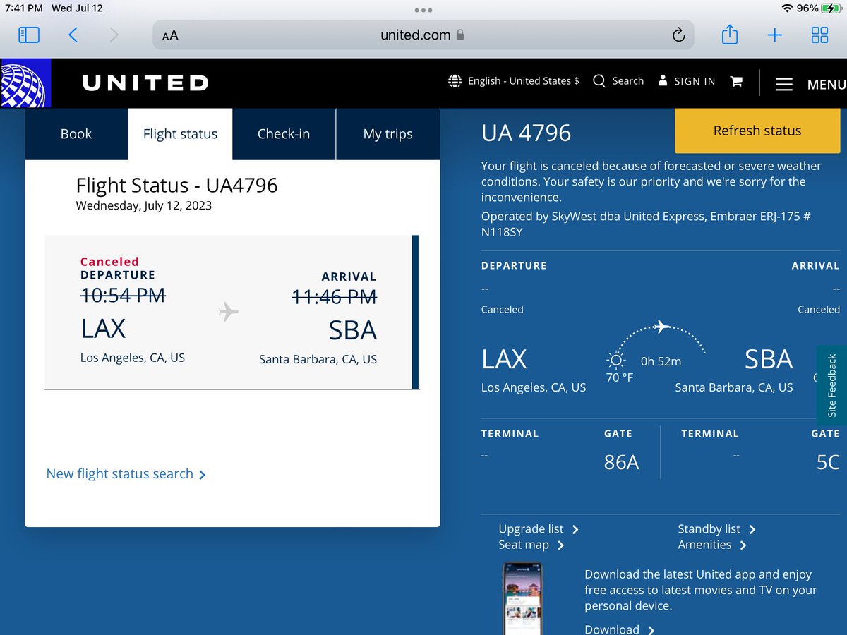 Mbilly12821175's tweet photo. Dose anyone know why they United Airlines flights to Santa Barbara are canceled? I checked the weather and it’s clear tonight at Santa Barbara Airport. #FlySBA #Avgeek #Aviation https://t.co/jEPJt8n8c6