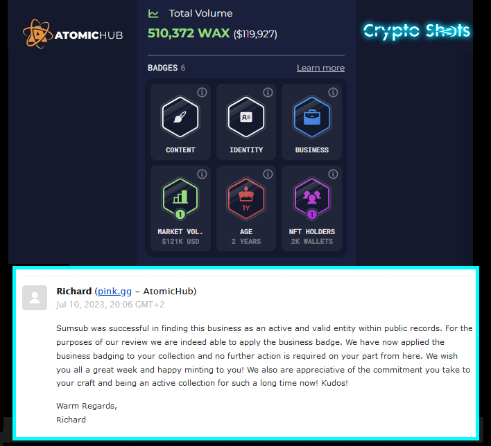 cryptoshots_nft's tweet photo. HUGE NEWS

We have now unlocked all @AtomicHub badges including the business verification!

This is what used to be called Whitelisted + Verified✔️

Glad to finally have got there! 😎🔥

....and we've only just begun. Keep your 👀 on us.

#slowandsteady #WAX #gaming #P2E @WAX_io https://t.co/GbFrs6SA6d