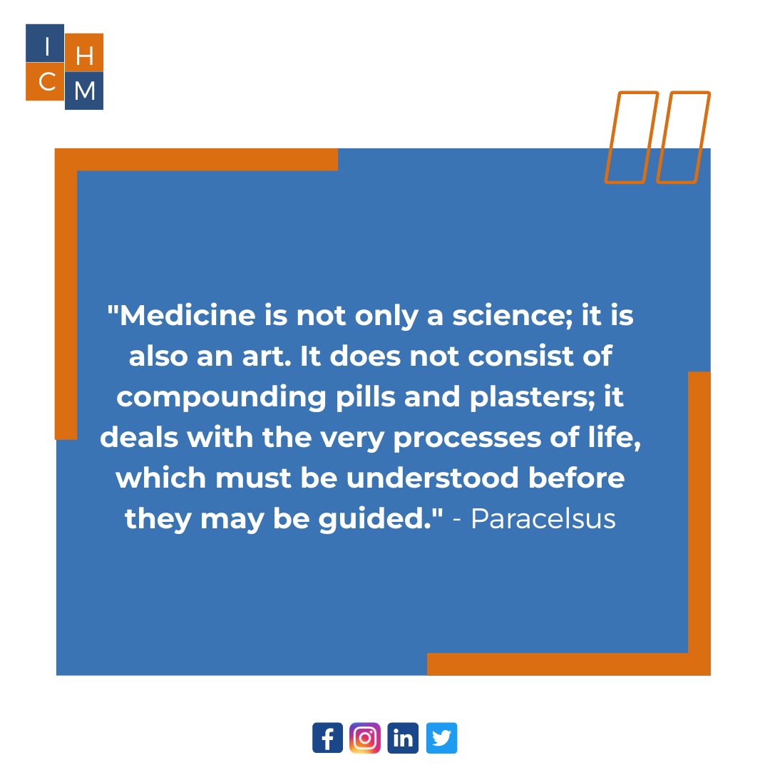 ICHMedicine's tweet photo. A beautiful quote by  Paracelsus describing medicine as an art of life. #ICHM #ICHMedicine #humanisticmedicine #health #healthcare #medicine  #humanisticcare #patinetcenteredcare  #humanism #doctor #MedTwitter #Paracelsus https://t.co/qBCXhk5Flr