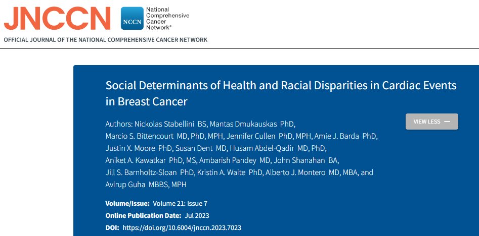 New @JNCCN pub: Social Determinants of Health and Racial Disparities in Cardiac Events in #bcsm. Flawless #traditionalstats and #ML work by @nickolastab. 
1. Adverse (a) SDOH →  ↑ 2-year MACE in patients with #bcsm 
2. Black women have ↑ adverse SDOH #cardioonc /1