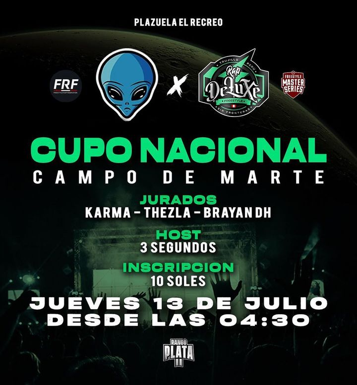 underperuano's tweet photo. 👽CAMPO DE MARTE👽

Hoy a las 4:30 pm, RapDeluxe dará 1 cupo a la Final Nacional de @CampodeMartee (Plata 2).

Más info: https://t.co/cBYNieOC9k https://t.co/1S8dTccRJ6
