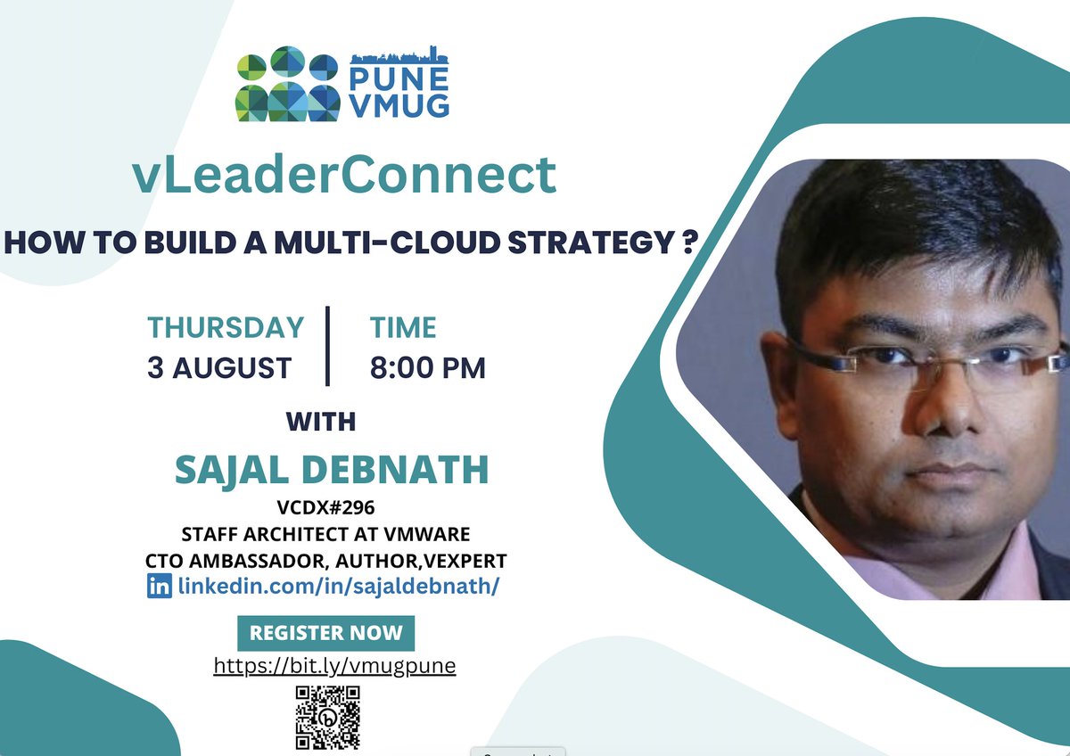 Its time for another exciting session of #vLeaderConnect with <a href="/sajal_debnath/">sajal debnath</a> on 3rd Aug 2023 by <a href="/vmugpune/">VMUG Pune</a>

Register Now: bit.ly/vmugpune

#VMware #multicloud #VMUG