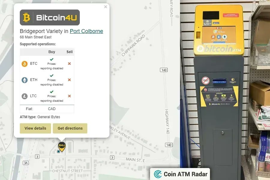 CoinATMRadar's tweet photo. Visit this latest installed @generalbytes bitcoin ATM at Bridgeport Variety in Port Colborne 🇨🇦 . Operated by @bitcoin4uCA. Supported coins: BTC, ETH, LTC https://t.co/DGN1dmYC93