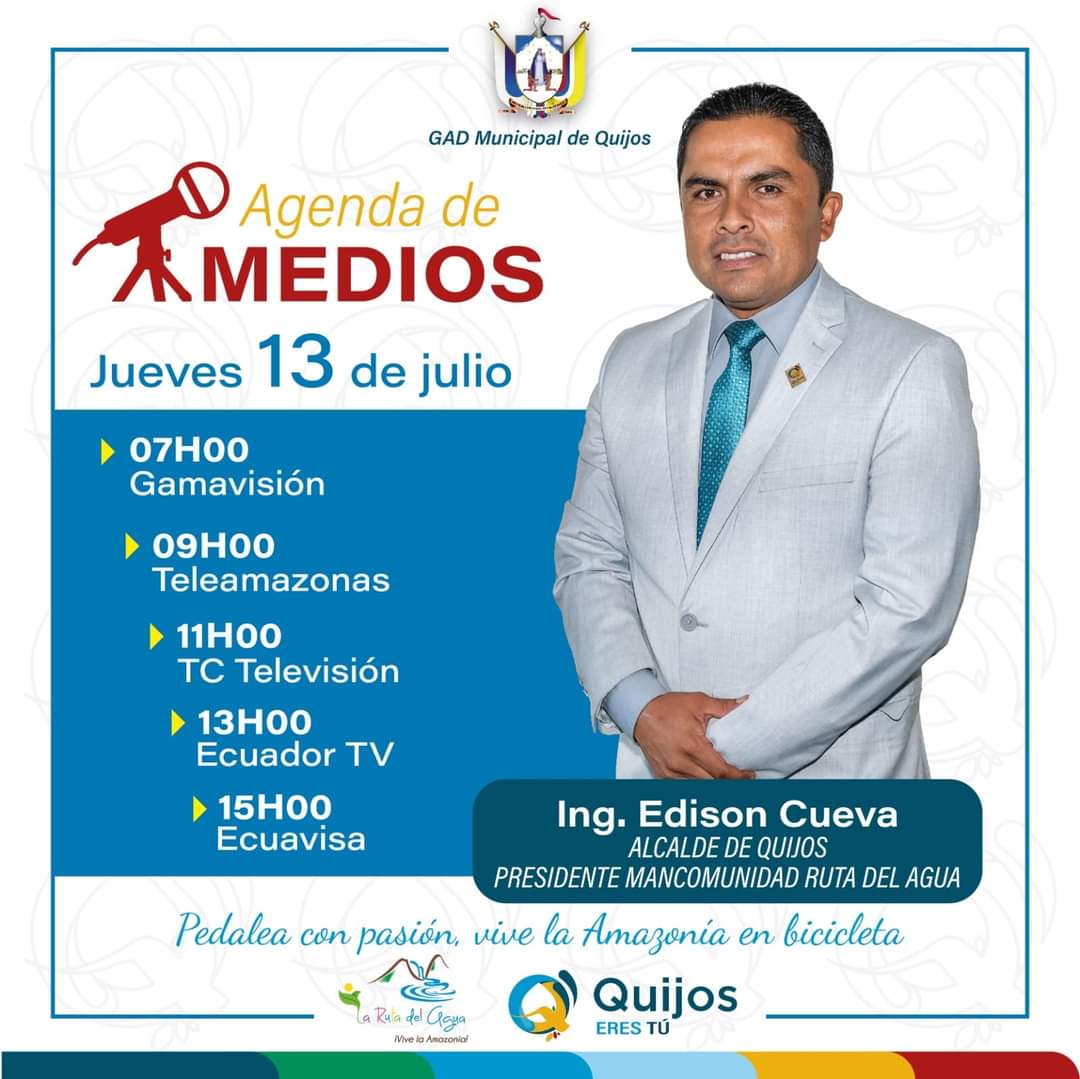 GADMQuijos's tweet photo. 🗓️ Sigue la agenda de medios, el Ing. Edison Cueva, alcalde de Quijos y presidente de la Mancomunidad La Ruta del Agua, promocionará el Ciclo Tour Ruta del Agua 5ta edición y las bondades de la Amazonía ecuatoriana. 🎙️📺📰

@Gamavisionecu @teleamazonasec @tctelevision @ecuavisa https://t.co/cXTGtsjiIu