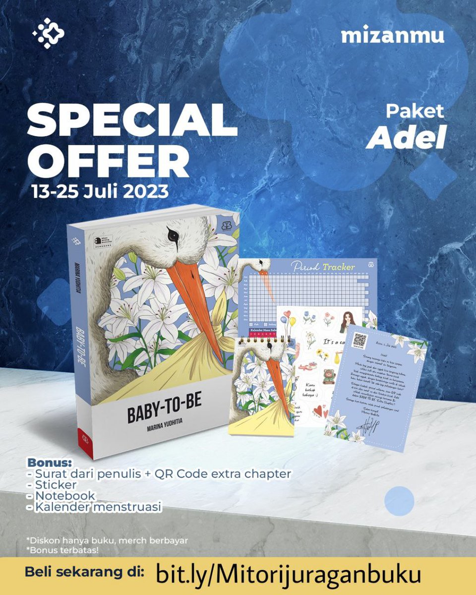 mitoreadbooks's tweet photo. 📚SPECIAL OFFER📚
13 - 25 Juli 2023

Ada banyak cerita tentang ibu, tapi tak pernah benar2 sama. Adel, seorang doula, tak pernah berkeinginan punya anak, apalagi menjalin hubungan dg lelaki. Namun, seekor bangau membawa ruh bayi kepadanya.

#MWB
#BabytoBe
@marinayudhitia https://t.co/8vQQmq2ma7
