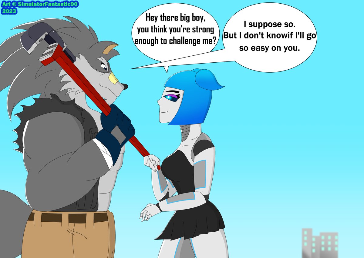 SFantastic90's tweet photo. A crossover between my oc Farah and @ShoNUFF44 's character Shred the wolf. Looks like it's gonna be wild between these two. #SimulatorFantastic90 #SciFiX #Shred #robot #wolf #anthroart #crossover #robotgirl #fembot #art #CLIPSTUDIOPAINT #scifi #ShoNuff44 #wrench #furry #Farah https://t.co/sR5juLhu3a