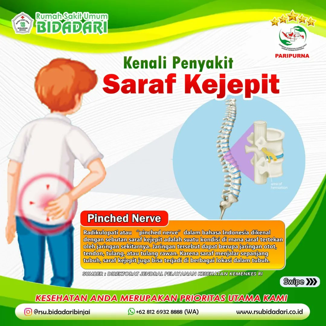 Rsubidadari's tweet photo. Hallo Sahabat Sehat Bidadari..
Berikut ini kita sampaikan informasi kesehatan PENTING!

Saraf kejepit merupakan salah satu penyakit gangguan saraf yang paling umum sering terdengar di telinga kita semua, Tapi sudahkah sahabat sehat kenali penyakit ini. Simak infografik kesehatan https://t.co/IR8ypaFjwD